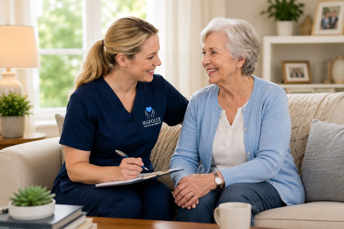 A Mafolux caregiver discussing a care plan with an older adult at home