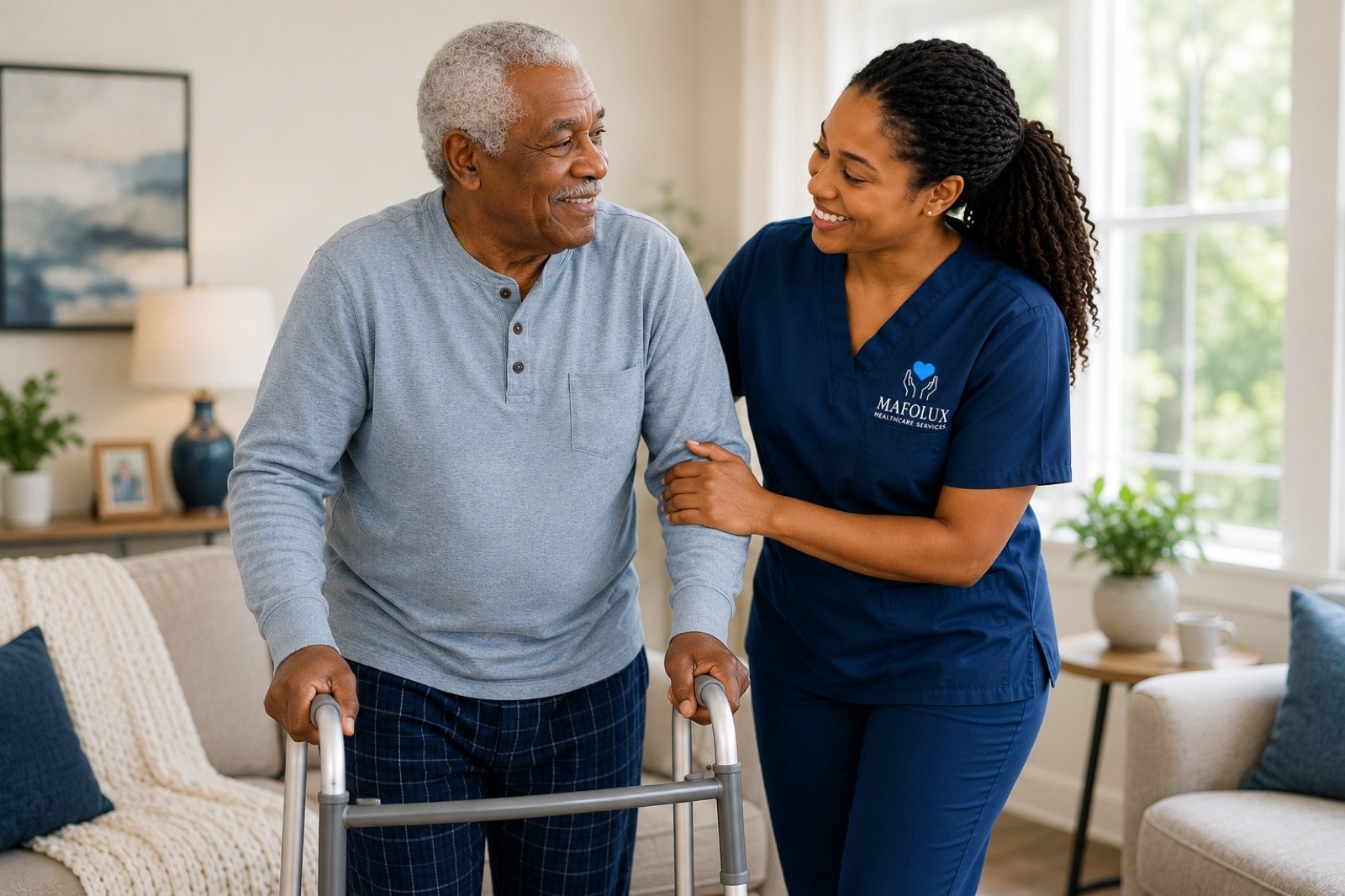 Mafolux caregiver supporting an older adult at home