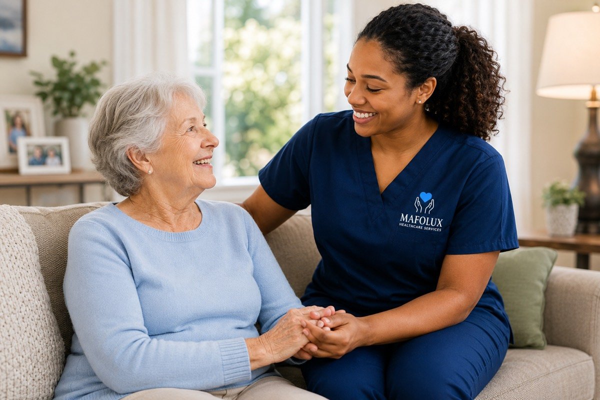 Mafolux caregiver sharing a reassuring moment with an older adult at home