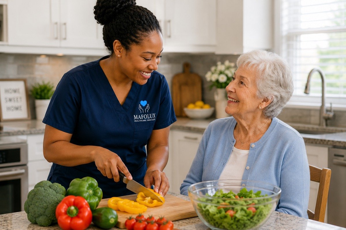 Mafolux caregiver helping an older adult prepare a healthy meal