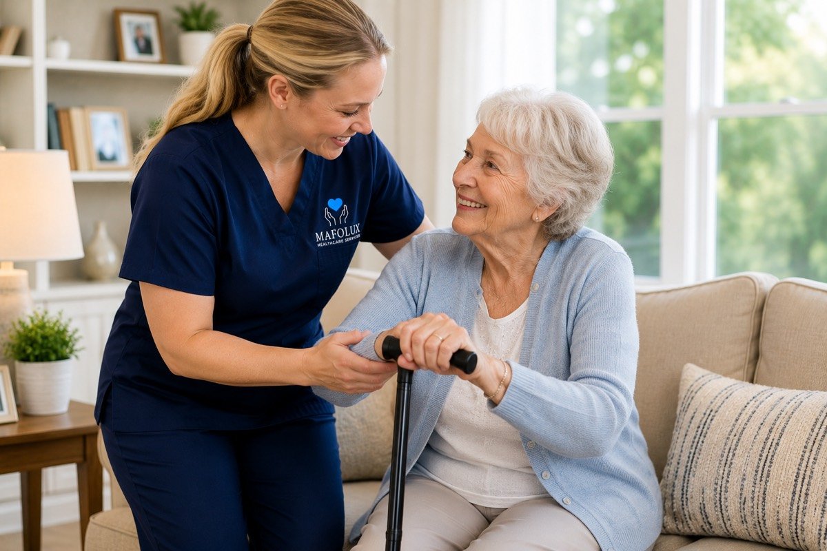 Mafolux caregiver providing mobility support at home